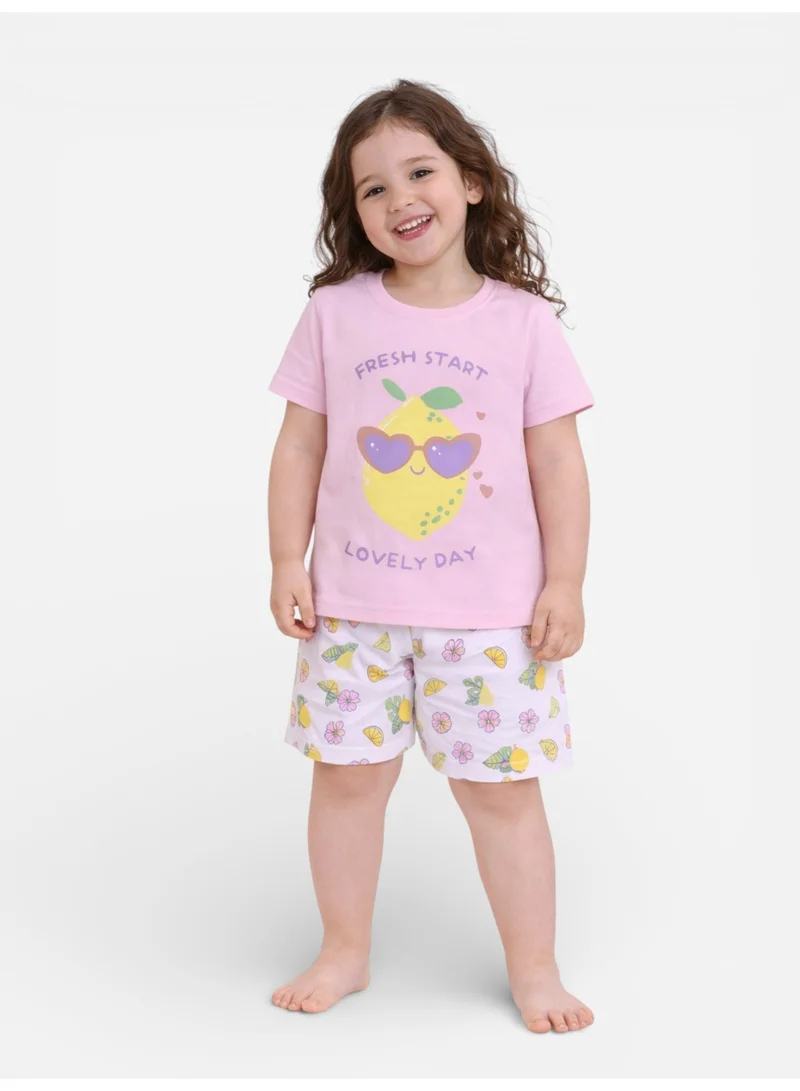 victor and jane Girls Lemon Print Cotton Pajama Set – T-Shirt & Shorts Nightwear